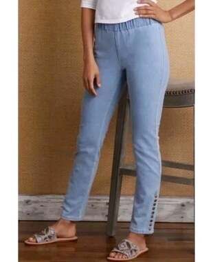 Soft Surroundings Snap Up Blue Legging Metro Pale Denim Pull on Ankle Jeans PS